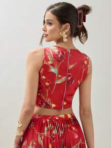 COSMINA Women's Sleeveless Floral Printed Bow Tie Blouse Top And Pleated Skirt - Multicolor - View 2