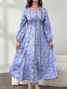 Modelyn 女士花卉印花简约长袖连衣裙，日常穿着长款晚礼服 - 淺灰紫 - 查看 3