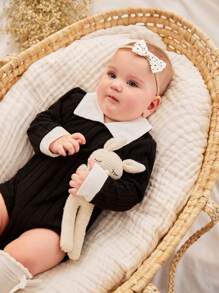 SHEIN Newborn Baby Black Knit White Square Collar Bodysuit, Daily, Casual, Cute, Elegant, Gorgeous, Fall/Winter - Multicolor - View 3