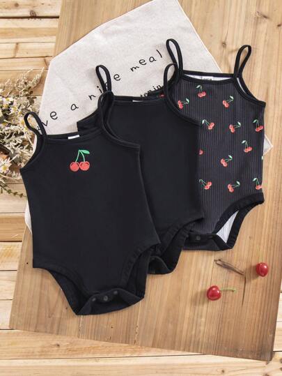 SHEIN LMoss Kids LMoss 3件套女婴休闲针织卡通图案连体衣，露裆吊带上衣，夏季图案