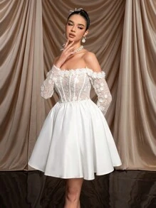 SHEIN Belle Gorgeous, Elegant, Noble, And Lovely White Off Shoulder See-Through Long Sleeve Dress, Lace & Satin Patchwork Boned A-Line Dress, Suitable For Bachelorette Party, Wedding, Graduation Season & Holiday, Great Gift For The Bride-To-Be Or Formal Occasions Bridal Dress, Bridal Shower Dress White Dress - White - View 4