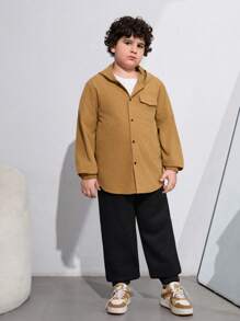 SHEIN Tween Boys Extended Size Casual Hooded Shirt And Pants Set - Suitable For Commuting, School, Daily Wear, Vacation, Exercise And Fall/Winter Season - Coffee Brown - View 4