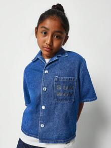 SUMWON Tween Girls Boxy Fit Button Through Denim Shirt - Blue - View 1