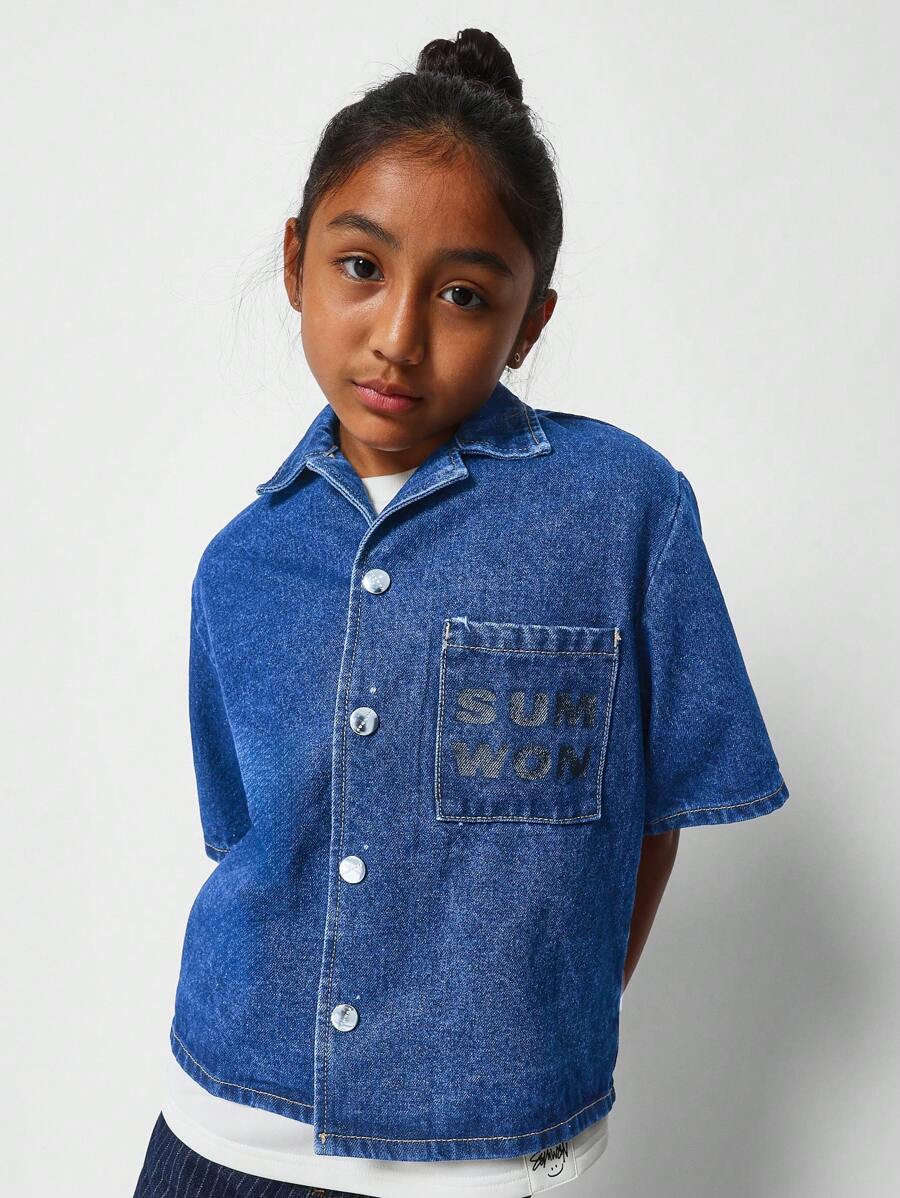 SUMWON Tween Girls Boxy Fit Button Through Denim Shirt - Blue - View 1
