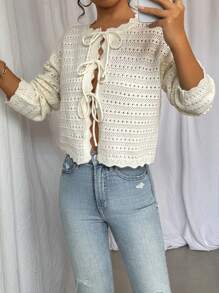 Chiquease Tie Front Pointelle Knit Cardigan - White - View 2