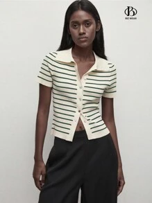 BizChic 女士帶領口紐扣條紋針織毛衣 - 彩色 - 查看 6