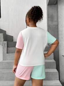 SHEIN Tween Girls Extended Size Loose Casual Round Neck Pullover Letter Printed T-Shirt And Pants Set With Color-Blocking Design - Multicolor - View 2