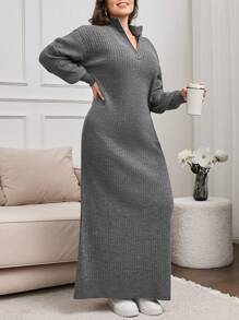 RueChic Plus Long Knit Sweater Dress With Zipper, For Winter - Grey - View 4