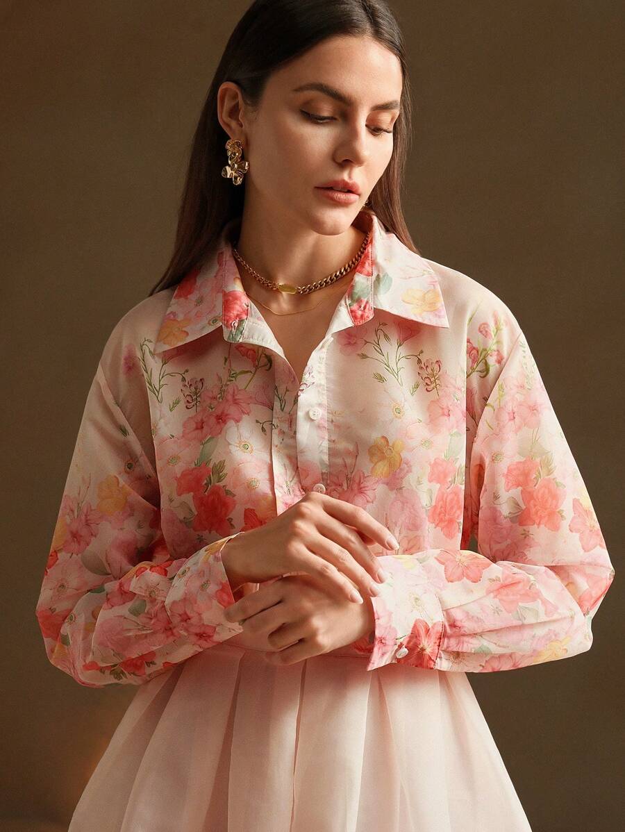 Anewsta Printed Beach Vacation Long Sleeve Floral Shirt - Multicolor - View 1