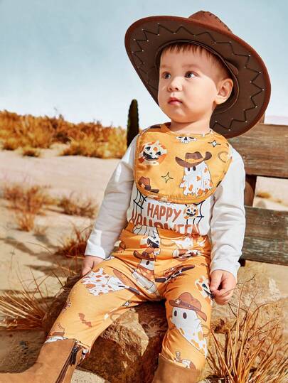 SHEIN 3pcs Newborn Baby Boys Funny Farm Animal Patterned Halloween Costume Jumpsuit Set, For Halloween Party
