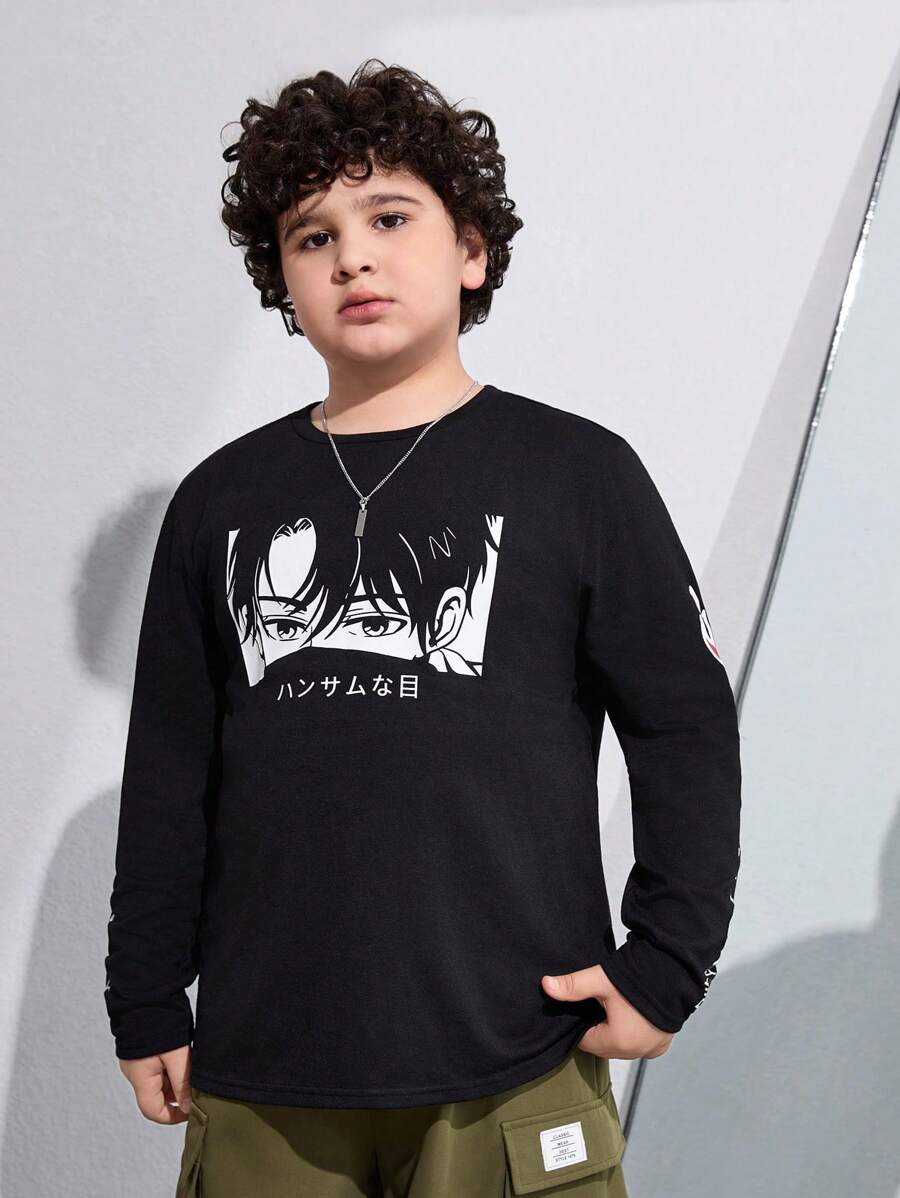 SHEIN Tween Boys加大尺碼卡通字母圖案長袖T恤