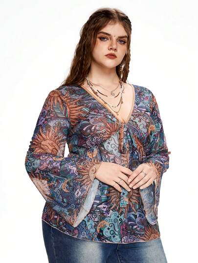 ROMWE Hippie 大尺碼女士V領印花傘袖度假上衣