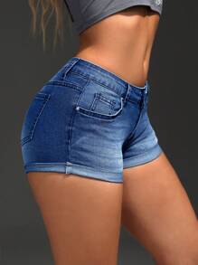 SHEIN SXY Quần short denim dáng ôm vừa vặn thường ngày mùa hè có viền cuộn - Rửa trung bình - Xem 4