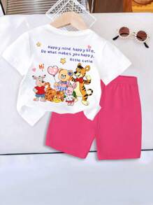 SHEIN 2pcs/Set Baby Girl Pink And White Summer Outfits,Cute Cartoon Animal & Letter Pattern Short Sleeve T-Shirt And Shorts,Casual Vacation Back To School - Multicolor - View 2