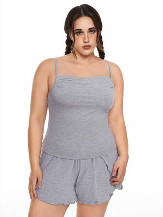 Anime Conjunto de ropa cómoda para el hogar de talla grande de modal, con tirantes de espagueti, top sin respaldo cruzado con volantes y shorts casuales con volantes