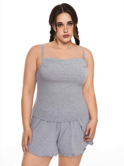 Anime Ensemble de vêtements de maison confortable en modal grande taille, avec bretelles spaghetti, haut croisé dans le dos sans dossier et short décontracté à volants