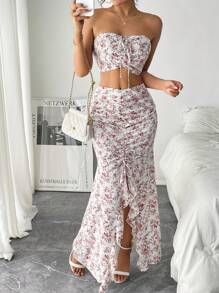 Pariaura 2pcs/Set Pleated Bandeau Top And Slit Skirt, Romantic French Style Ditsy Floral, Summer Women Outfit - Multicolor - View 4