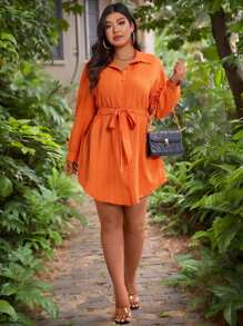 Celure Vestido camisa Plus Size sólido com botões frontais, Primavera/Verão - Laranja - Visão 5