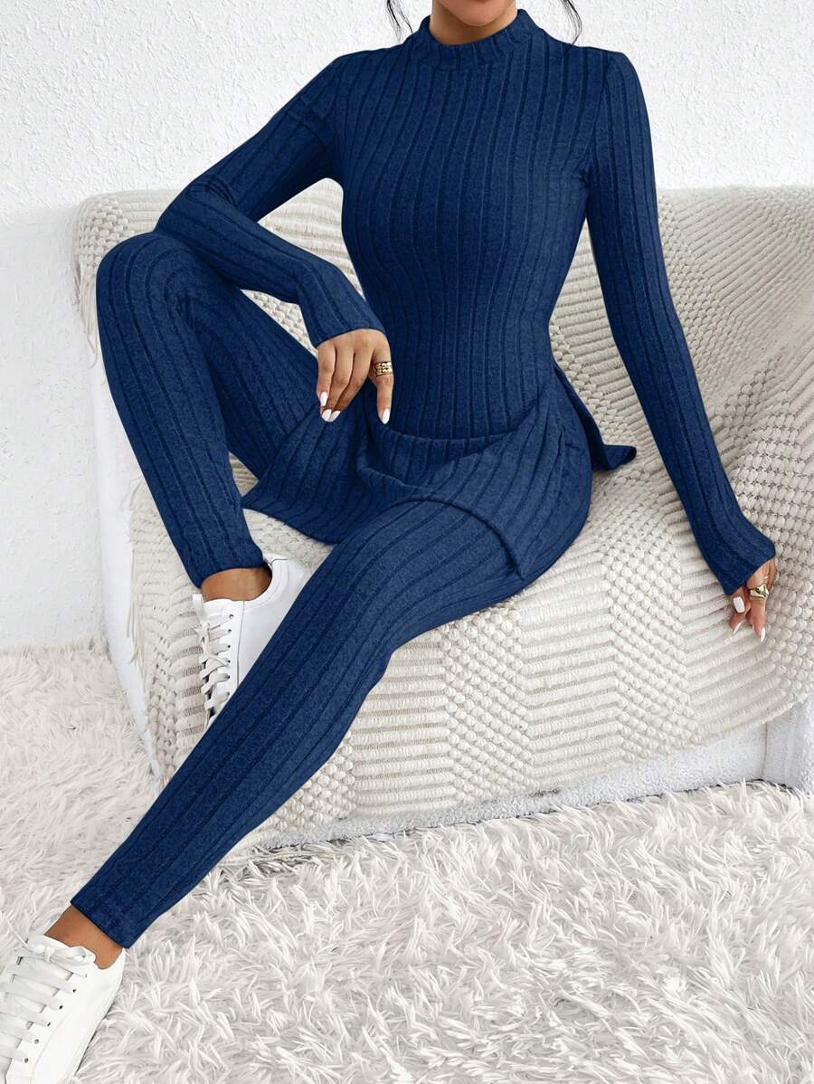 SHEIN Frenchy 女款純色簡約日常長袖上衣和長褲二件套 - 藍色 - 查看 1