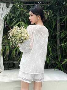 EastFlair 風提花扣釦休閒上衣和短褲套裝