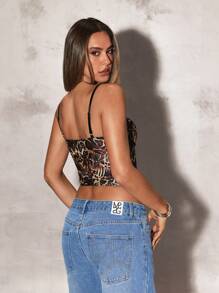 SHEIN BAE 女士时尚豹纹交叉短款细肩带上衣，夏季 - 彩色 - 查看 2