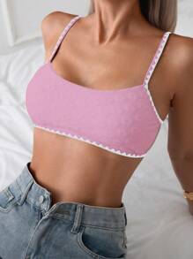 SHEIN Swim Women's Summer Beach Jacquard Contrast Trim Spaghetti Strap Bikini Top - Pink - View 4