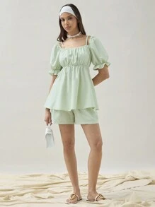 COSMINA Women's Solid Color Puff Sleeve Casual Summer Shirt