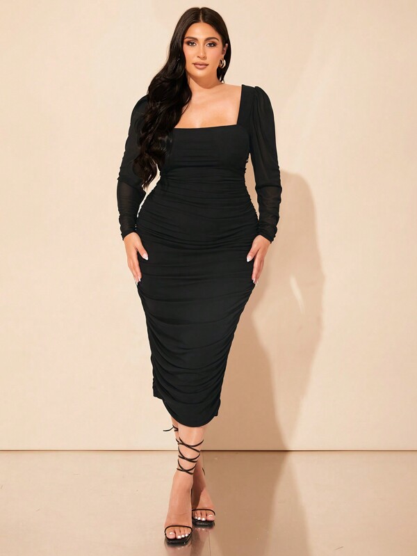 SHEIN BAE Plus Size Fall Black Mutton Sleeve Mesh Gathered Square Collar Elegant Commuter Long Dress