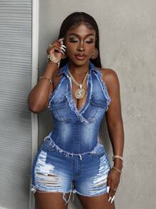 SHEIN Slayr Women's Frayed Edge Denim Jacket With Hanging Strap, Summer - Medium Wash - View 5