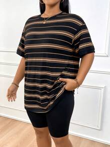 Solflare Plus Size Nữ Mùa Hè Và Đầu Thu Trở Lại Trường Học Mùa Thể Thao Ngoài Trời Trong Nhà Bình Thường Hàng Ngày Đàn Hồi Dệt Kim Sọc Đen Trắng Thiết Kế Khối Màu Cổ Tròn Rớt Vai Tay Ngắn Áo Thể Thao Dài Tay Dài Tay - Màu Khaki - Xem 5