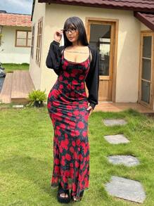 Flirla Robe à fines bretelles slim à imprimé floral mode grande taille et gilet à manches longues de couleur unie 2 pièces/set - Noir - Voir 7