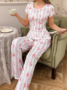 Women Striped Floral Printed Short Sleeve Top And Long Pants Pajama Set White Set - White - View 4