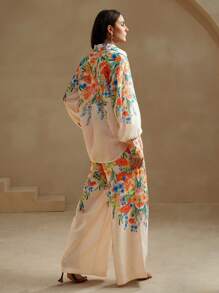 Anewsta Bộ áo sơ mi và quần nữ in hoa kỳ nghỉ lãng mạn - Hồng - Xem 2