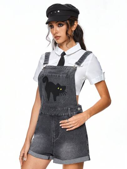 Goth Peto y monos de mezclilla con bordado de gato misterioso y sensación esponjosa para mujer, para la escuela