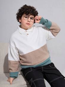 SHEIN Sudadera de punto para niño preadolescente de talla extendida con bloqueo de color y botones falsos - Multicolor - Ver 6