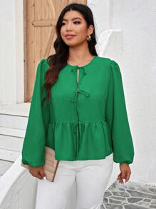 SHEIN LUNE 大码圆领蝴蝶结长袖衬衫秋季女装秋季女装职业上衣商务休闲女士工作衬衫商务衬衫 - 綠色 - 查看 8