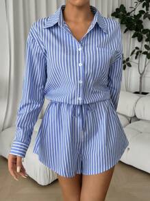 Muchica Ladies' Striped Long Sleeve Shirt Collar Button Pocket Belted Jumpsuit For Casual Daily Wear
