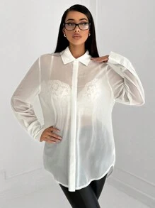 SHEIN SXY Simple Minimalist Commute Chiffon Loose Wet Look Semi-Transparent Shirt - White - View 3