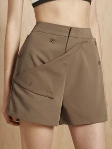 MONSE Oxana Designer einfarbige Vorderseite Knopf Mehrfach-Taschen High-Waist Anzug Shorts, alltäglicher Lässig-Trage, für Sommer, Urlaub, Ferien, Strand, Festivals, Ibiza Passform