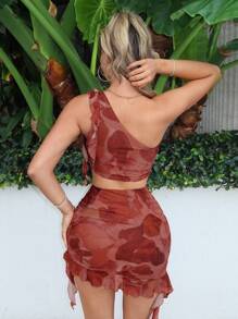 SHEIN SXY Sfumato印花單肩聚拢荷葉邊褶皺落地薄紗緊身女性兩件套裝，夏季假期海灘休閒仙氣繽紛性感波西米亞生日單身派對女裝 - 藕粉色 - 查看 2