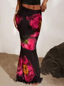 Opulessa Women's Slim Fit Half-Body Skirt, Featuring Large Floral All-Over Print, Suitable For Casual Vacation - Black - View 6