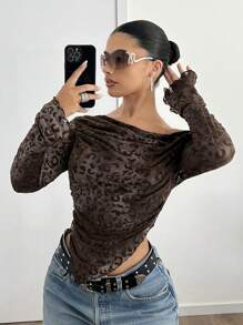 SHEIN ICON 猎豹印花女式秋季服装不对称领豹纹网眼时尚 T 恤，春夏 - 棕色 - 查看 6