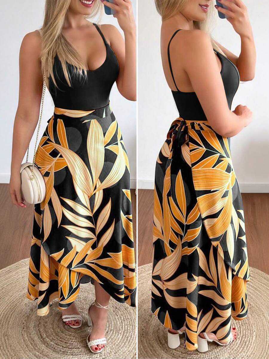 Chiquease Vestido maxi de mujer de correas de espagueti, de un solo color, con estampado, para uso diario sencillo