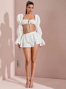 SHEIN BAE 女式夏季休闲长袖衬衫，带蝴蝶结领带细节，适合海滩、约会、派对和其他场合 - 白色 - 查看 6