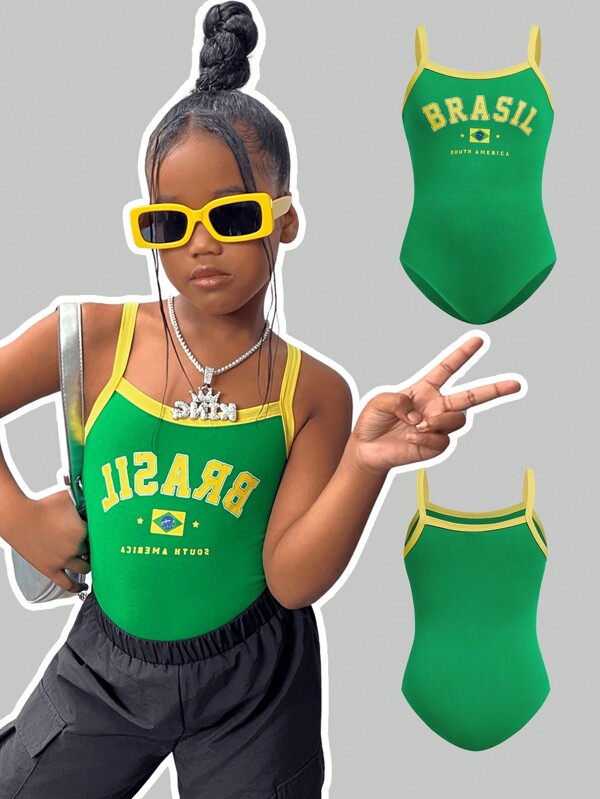 SHEIN Tween Girls' Knitted Color Block Casual Sport Romper With Spaghetti Straps