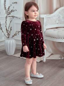 SHEIN 女婴圣诞红丝绒星形镂空优雅长袖连衣裙，秋冬季，适合派对、生日、聚会 - 酒紅色 - 查看 4