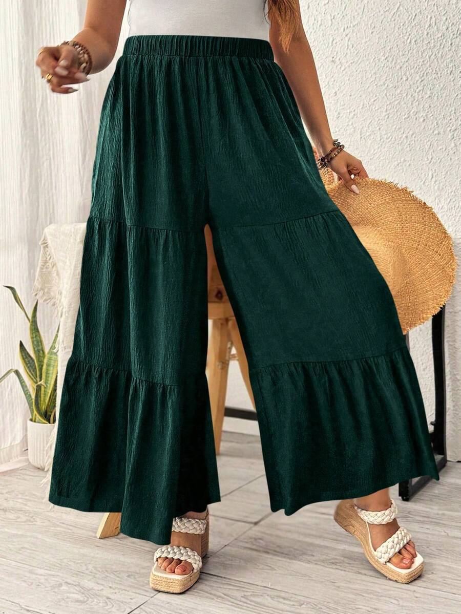 SHEIN Holidaya Quần ống rộng xếp ly màu trơn cỡ lớn, dành cho trang phục thường ngày - Màu xanh lá cây đậm - Xem 1