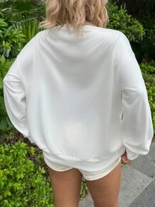 SHEIN EZwear 女士休闲圆领宽松套头运动衫，带有海滩和海洋图案，适合春季、夏季和秋季 - 白色 - 查看 2