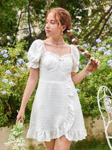 SHEIN Vestido corto de verano blanco con mangas abullonadas y lindos detalles de encaje para adolescente - Blanco - Ver 1