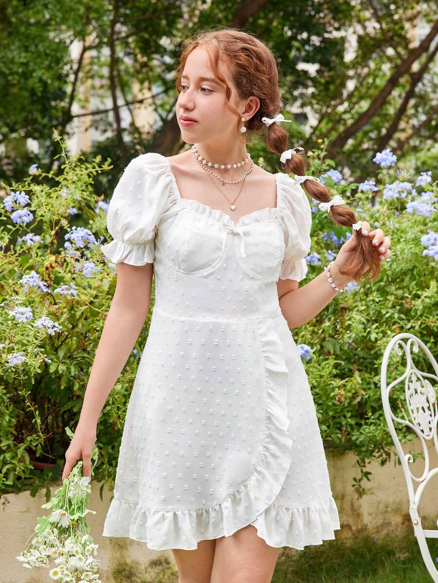 SHEIN Vestido corto de verano blanco con mangas abullonadas y lindos detalles de encaje para adolescente - Blanco - Ver 1